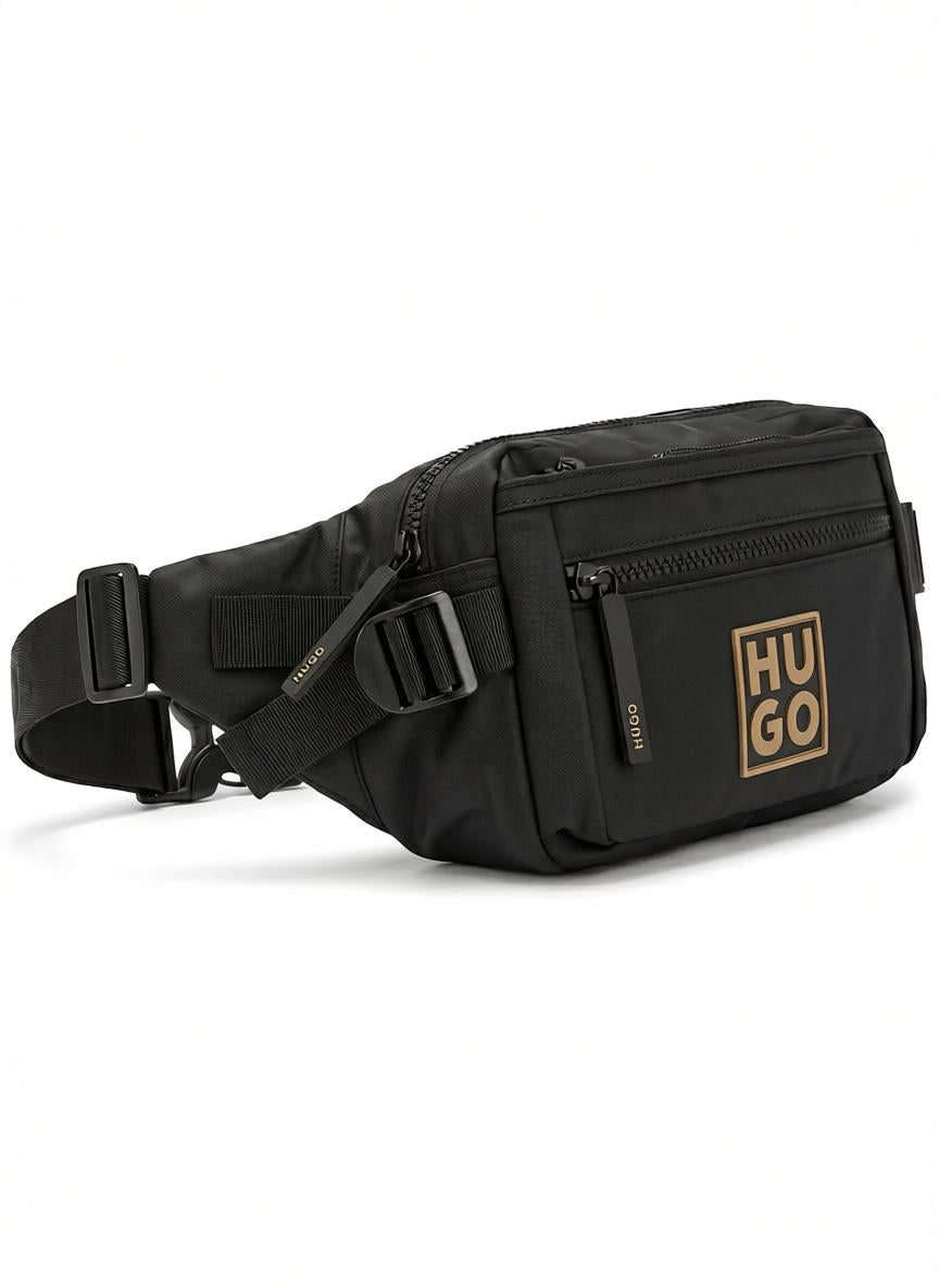 HUGO Men's Black Technical Waist Bag with Tan Logo