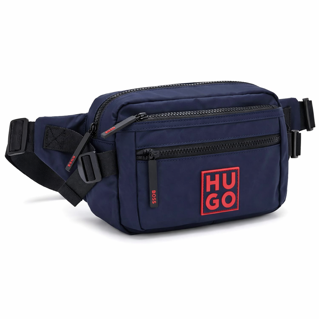 HUGO BOSS Navy Blue Multi-Pocket Waist Bag with Red Accent Logo