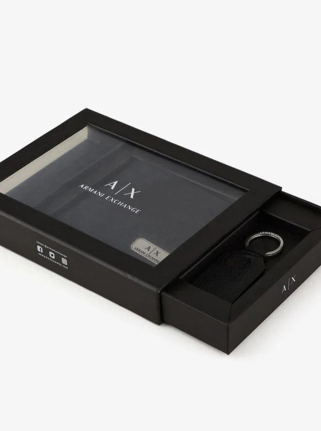 AX Black Leather Wallet & Keychain Set For Men
