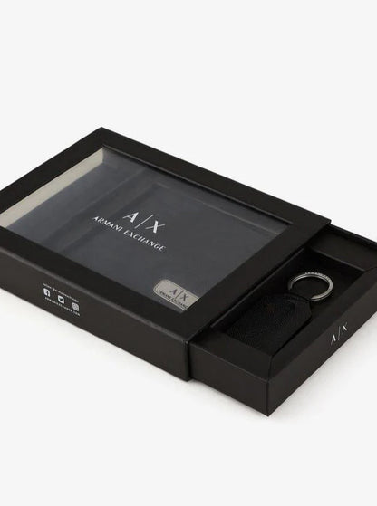 AX Black Leather Wallet & Keychain Set For Men
