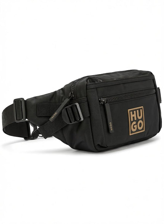 HUGO Men's Black Technical Waist Bag with Tan Logo