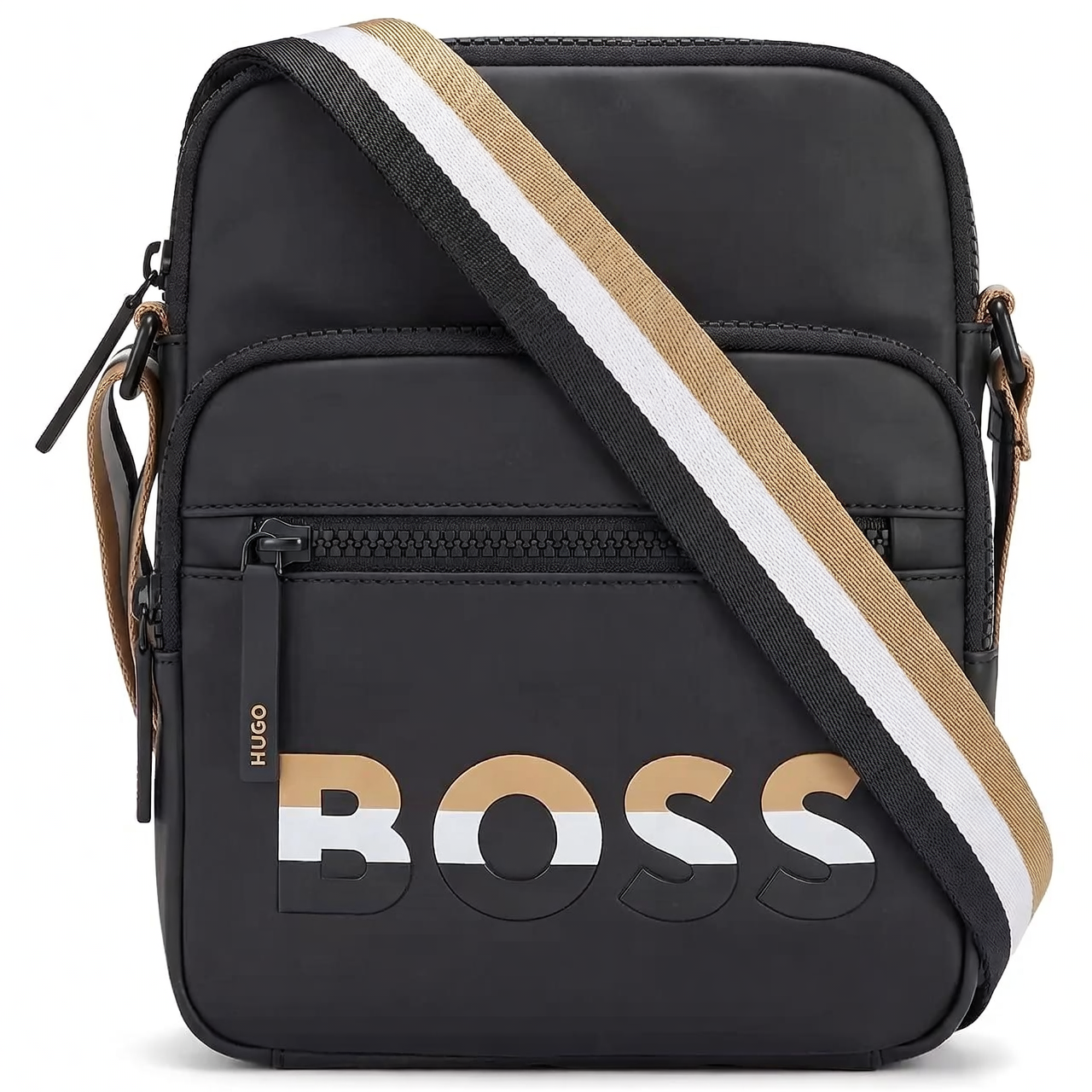 Hugo Boss Men's Black Crossbody Bag with Striped Signature Strap