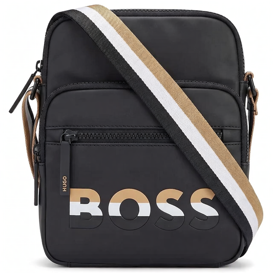 Hugo Boss Men's Black Crossbody Bag with Striped Signature Strap