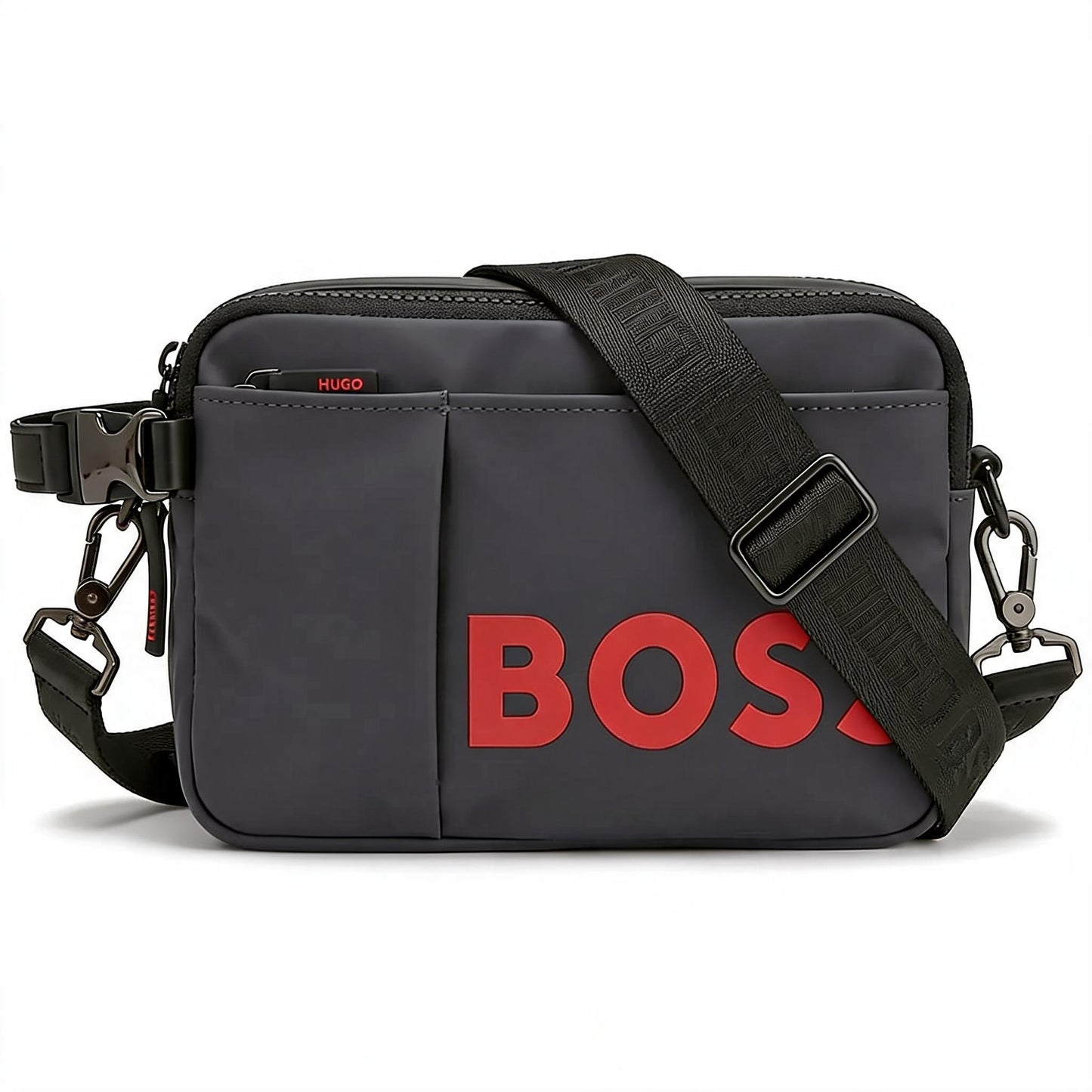 BOSS Hugo Boss Men's Grey Crossbody Bag with Large Red Logo