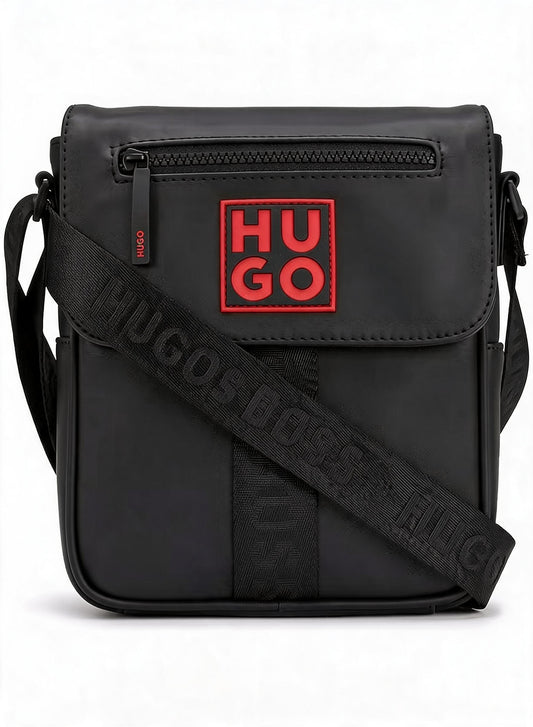 HUGO BOSS Men's Black Crossbody Bag with Red Accents