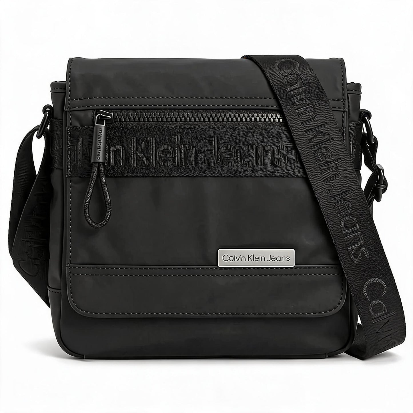 Calvin Klein Black Textile Crossbody Flap Bag with Branded Strap