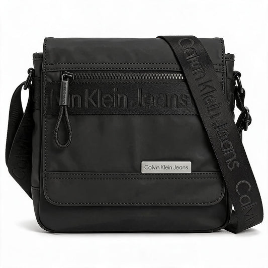 Calvin Klein Black Textile Crossbody Flap Bag with Branded Strap