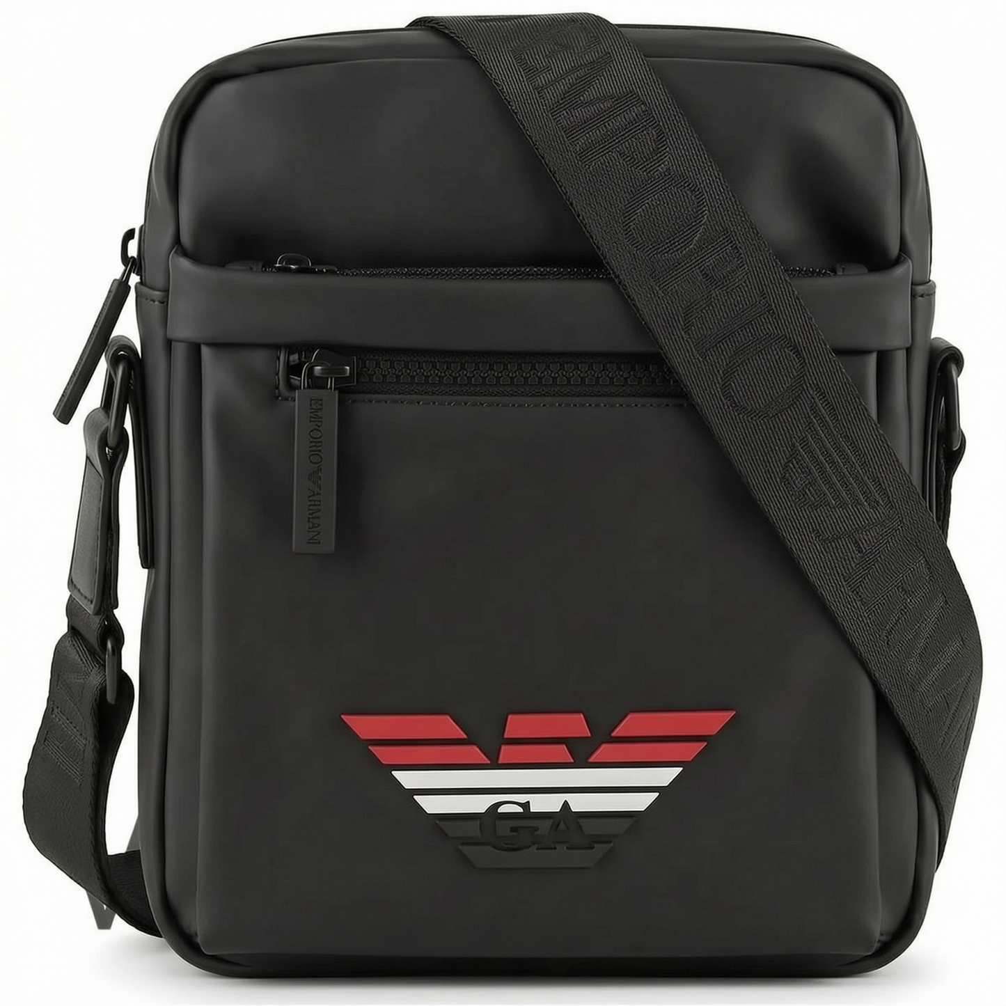 Emporio Armani Men’s Black Technical Double Zip Crossbody with Tricolor Rubber Logo
