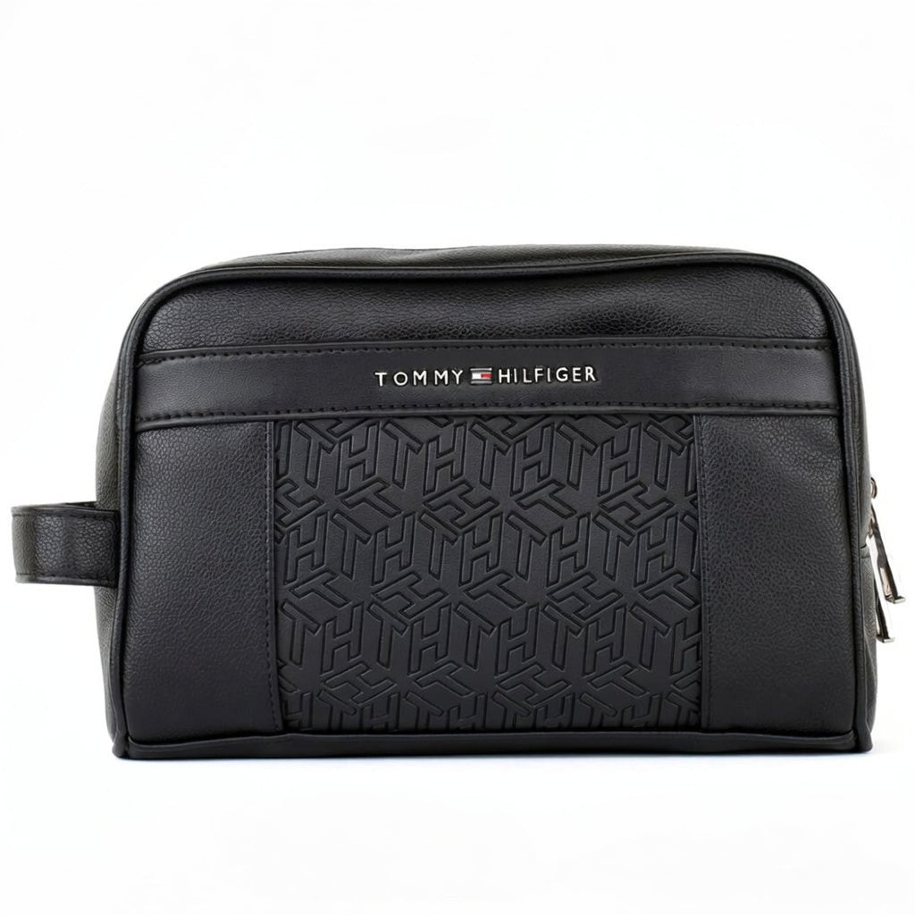 Tommy Hilfiger Leather Mens Clutch Black Bag Gift Box Patterned Logo
