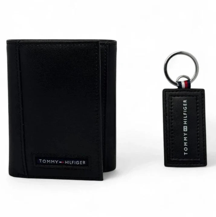 TH Black Leather Wallet-Keychain Set For Men