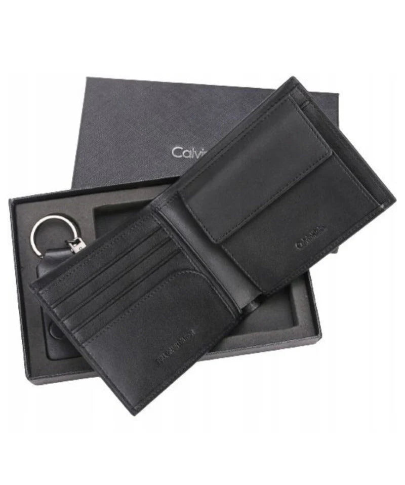 CK Black Leather Wallet & Keychain Set For Men