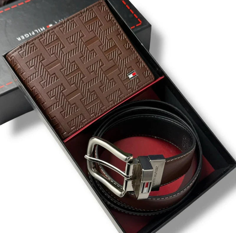 TH Brown Leather Wallet-Belt Set For Men