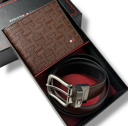 TH Brown Leather Wallet-Belt Set For Men
