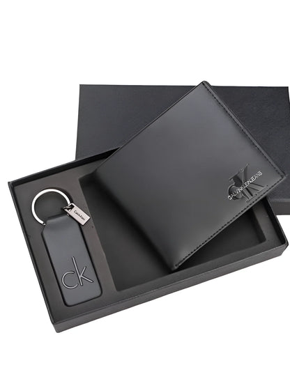 CK Black Leather Wallet & Keychain Set For Men