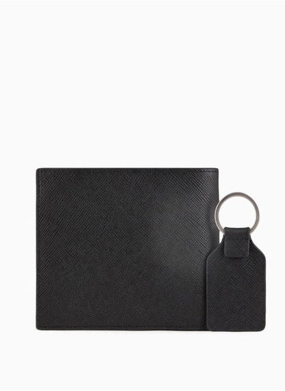AX Black Leather Wallet & Keychain Set For Men