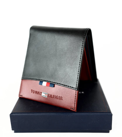 TH Black Leather Bifold Wallet For Men