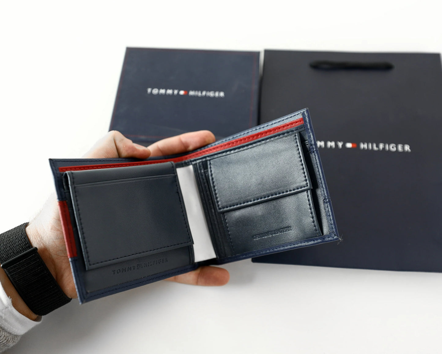 TH Navy Leather Bifold Wallet For Men