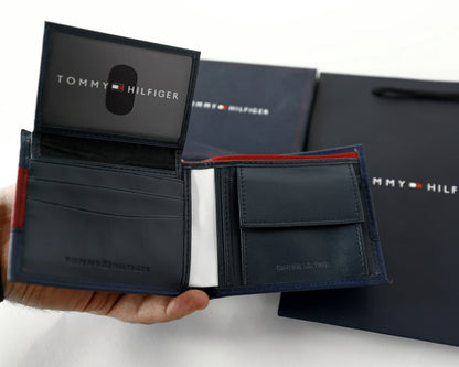 TH Navy Leather Bifold Wallet For Men