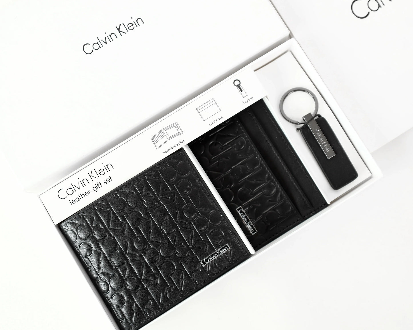 CK Black Monogram Leather Wallet-Keychain-Card Holder Set For Men