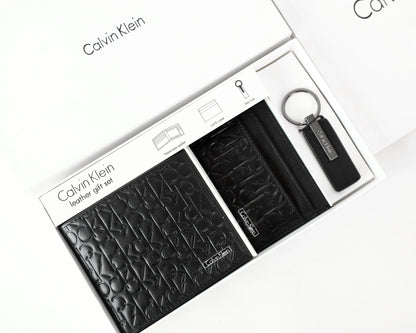 CK Black Monogram Leather Wallet-Keychain-Card Holder Set For Men