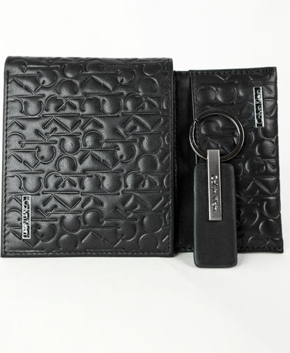 CK Black Monogram Leather Wallet-Keychain-Card Holder Set For Men
