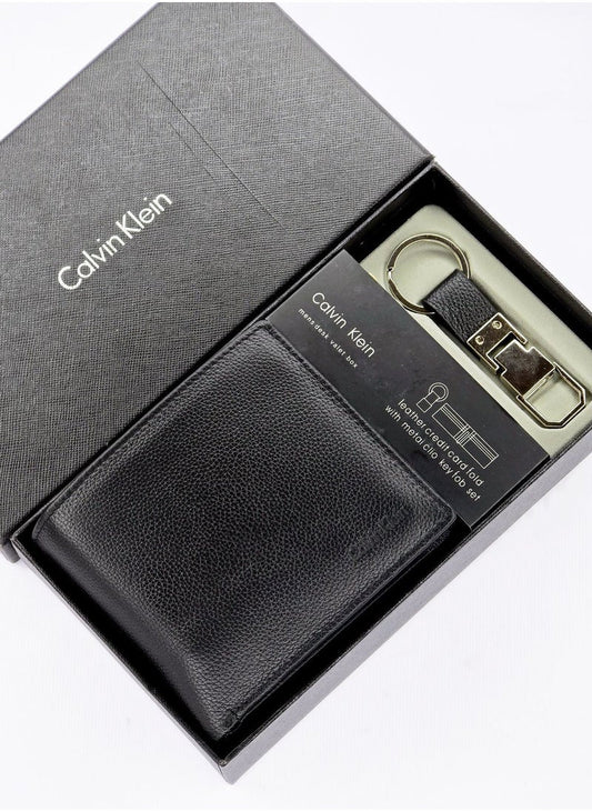 CK Black Leather Wallet-Keychain Set For Men
