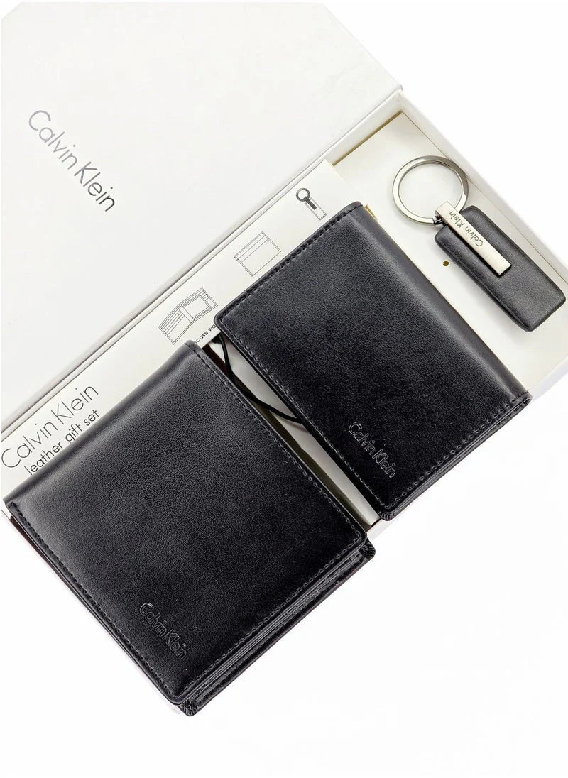 CK Black Leather Wallet-Keychain-Card Holder Set For Men