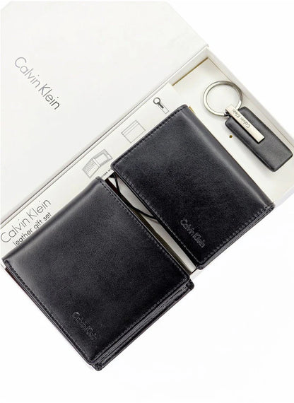 CK Black Leather Wallet-Keychain-Card Holder Set For Men