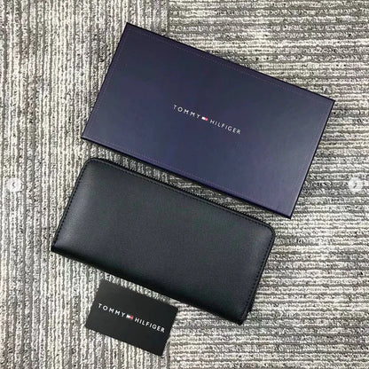 TH Long Black Leather Wallet For Unisex