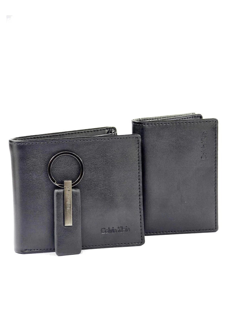 CK Black Leather Wallet-Keychain-Card Holder Set For Men