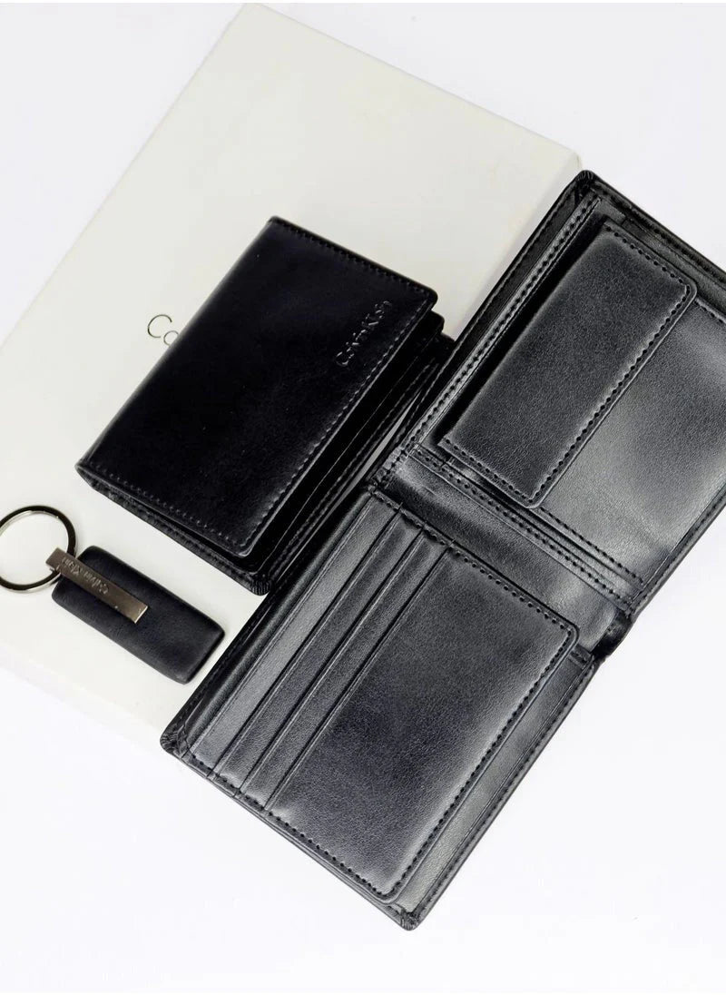 CK Black Leather Wallet-Keychain-Card Holder Set For Men