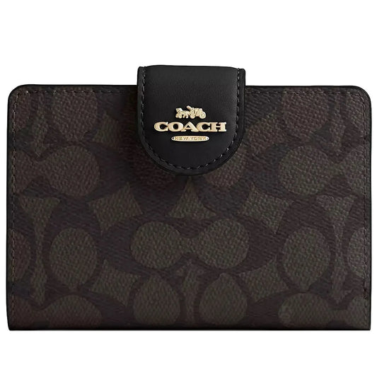 COACH Women’s Signature Canvas Walnut Black Medium Corner Zip Wallet CW786