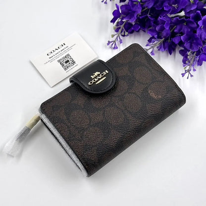 COACH Women’s Signature Canvas Walnut Black Medium Corner Zip Wallet CW786
