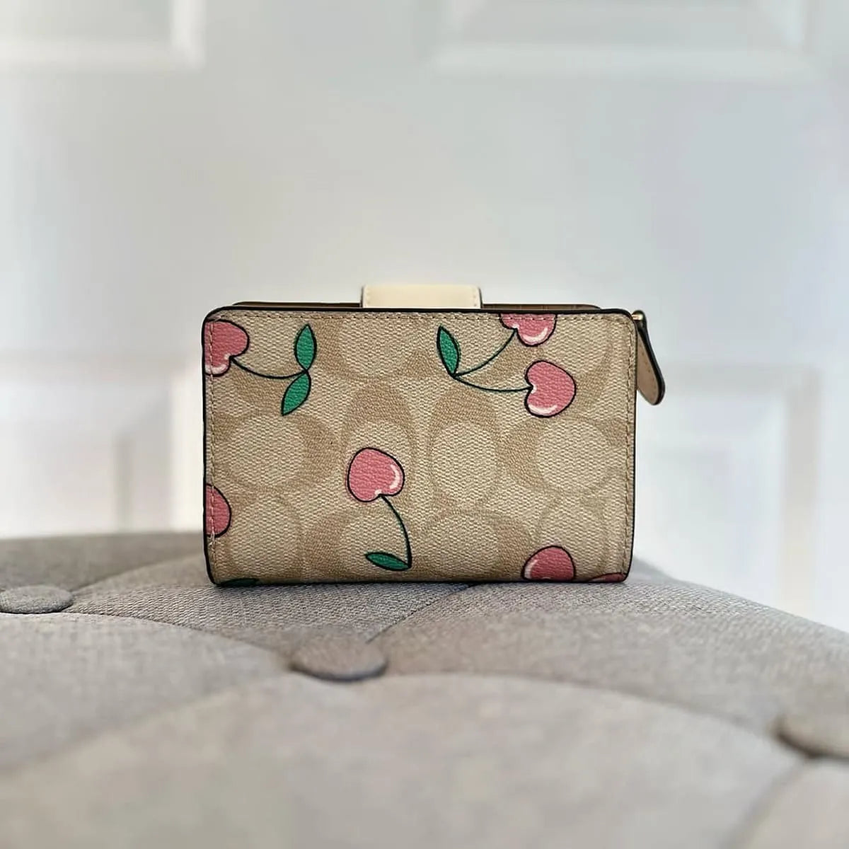 COACH Women’s Signature Bifold Wallet with Cherry Print CF401