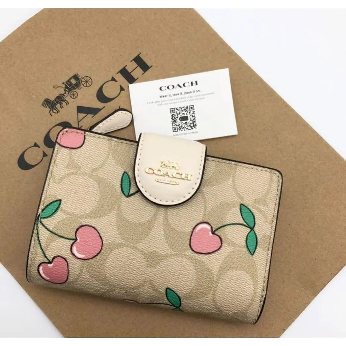 COACH Women’s Signature Bifold Wallet with Cherry Print CF401