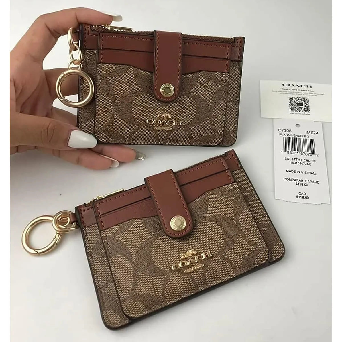 Coach Women’s Attachment Card Case in Signature Canvas Khaki Saddle C7398