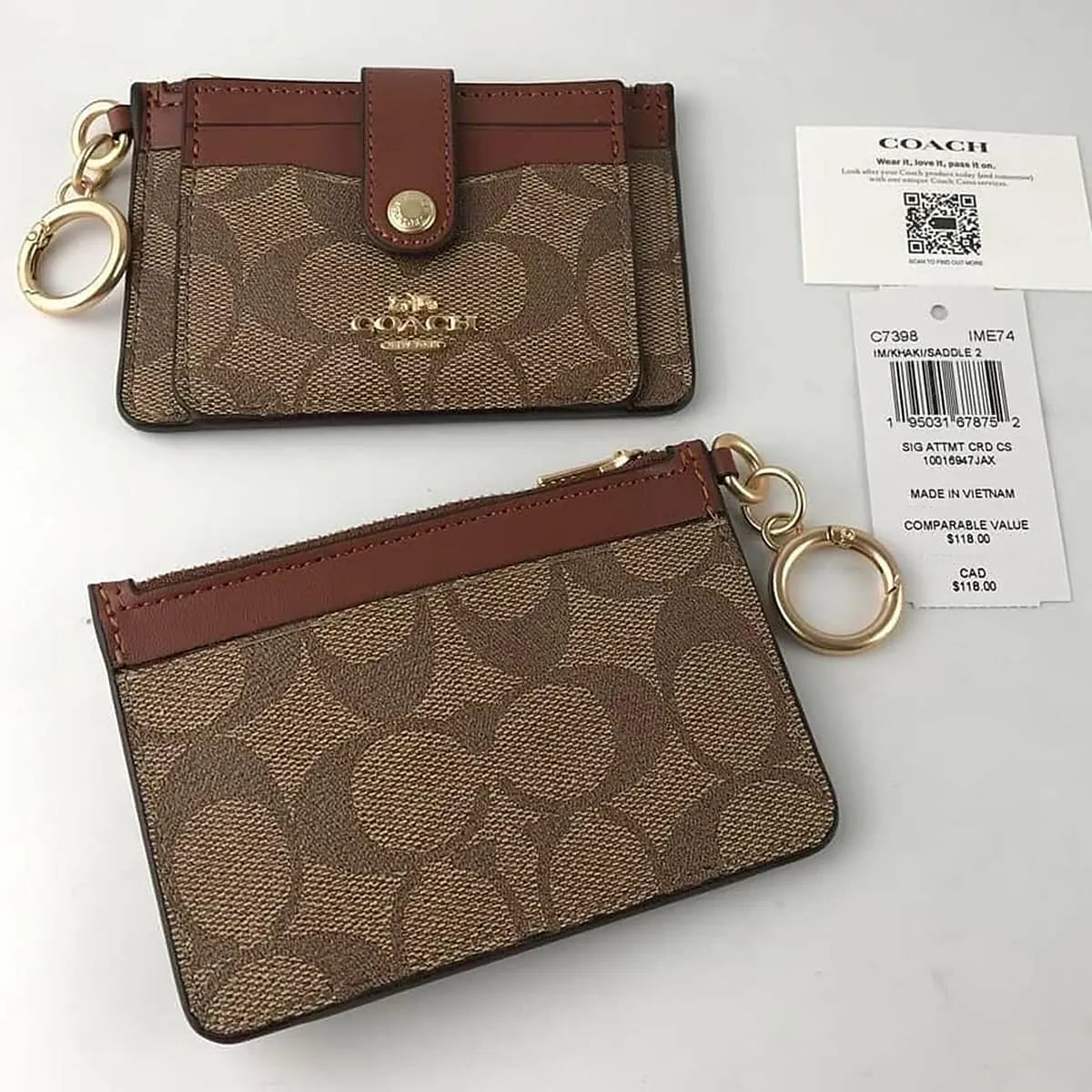 Coach Women’s Attachment Card Case in Signature Canvas Khaki Saddle C7398