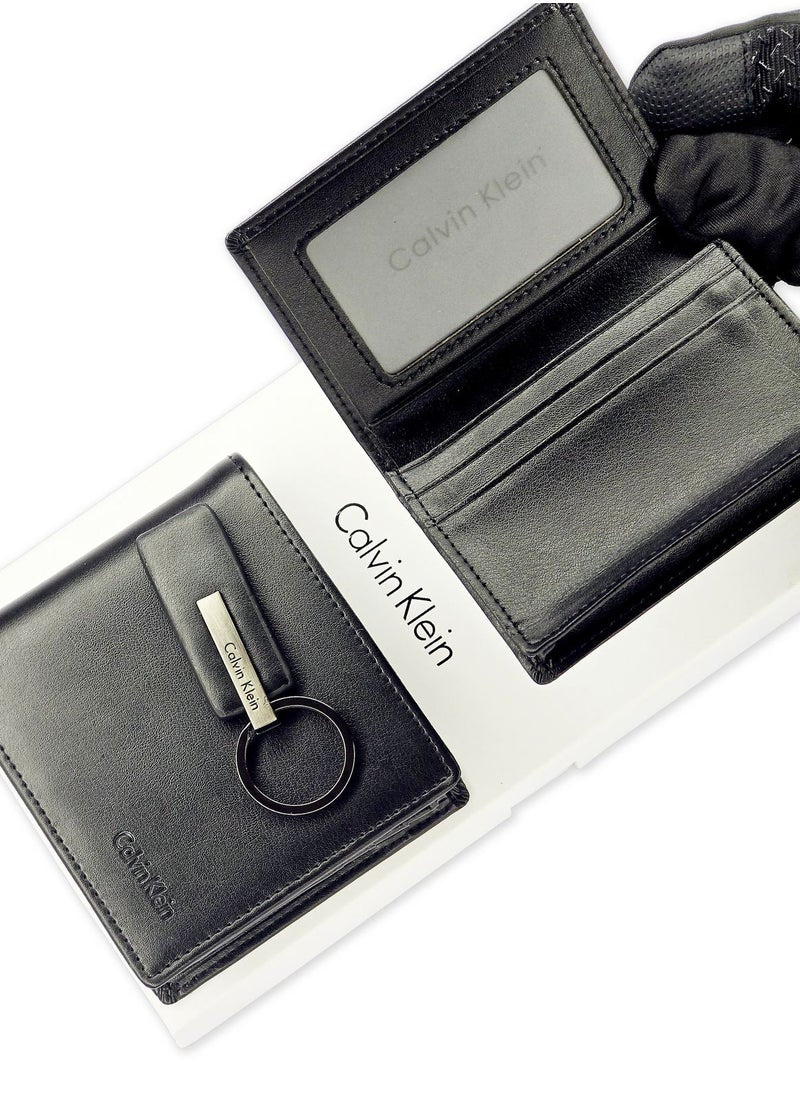 CK Black Leather Wallet-Keychain-Card Holder Set For Men