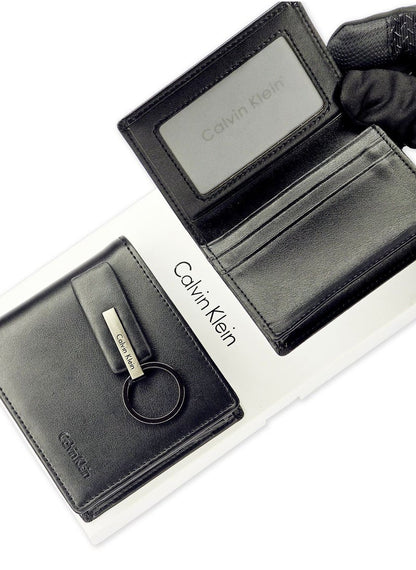 CK Black Leather Wallet-Keychain-Card Holder Set For Men