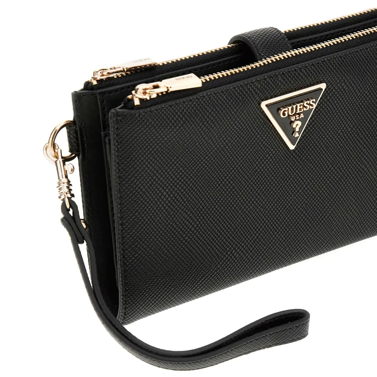 Guess Black Saffiano Leather Women’s Wristlet Wallet Organizer with Gold Hardware