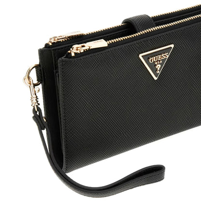 Guess Black Saffiano Leather Women’s Wristlet Wallet Organizer with Gold Hardware