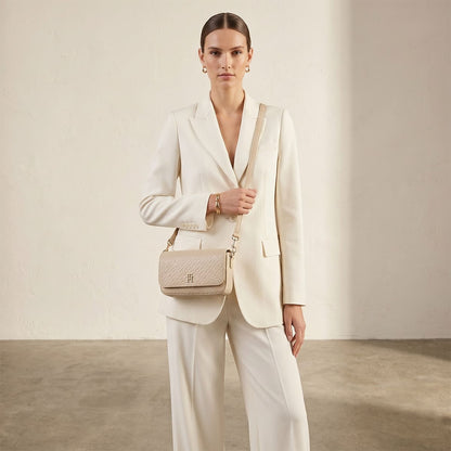 Tommy Hilfiger Beige Monogram Embossed Women’s Crossbody Bag with Gold Hardware