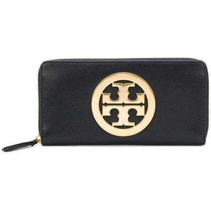 Tory Burch Black Leather Women’s Zip-Around Wallet with Large Gold Logo