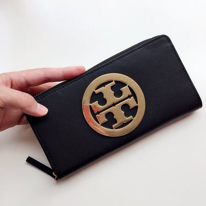 Tory Burch Black Leather Women’s Zip-Around Wallet with Large Gold Logo